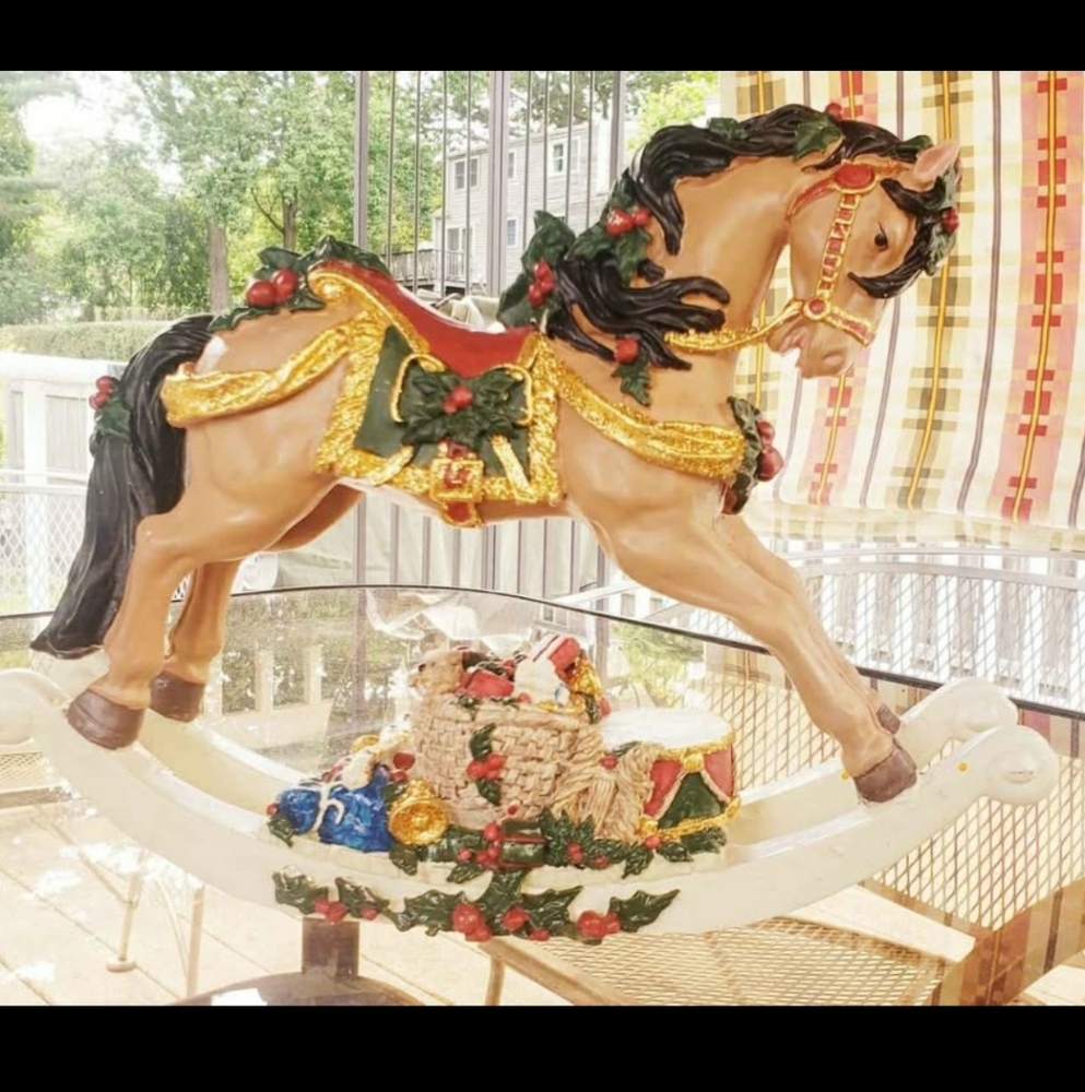 Vintage Holiday Basket Full Of Toys Rocking Horse